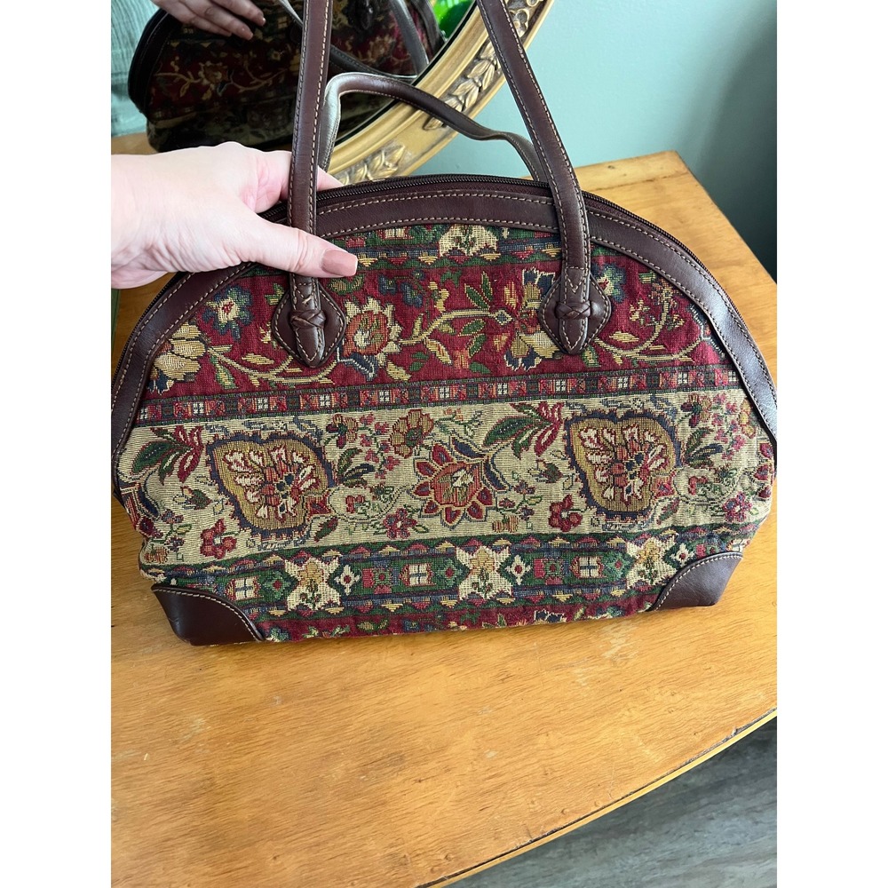 Vintage Liz Claiborne Tapestry Clamshell Satchel Purse Floral Woven Leather Trim - Picture 7 of 13